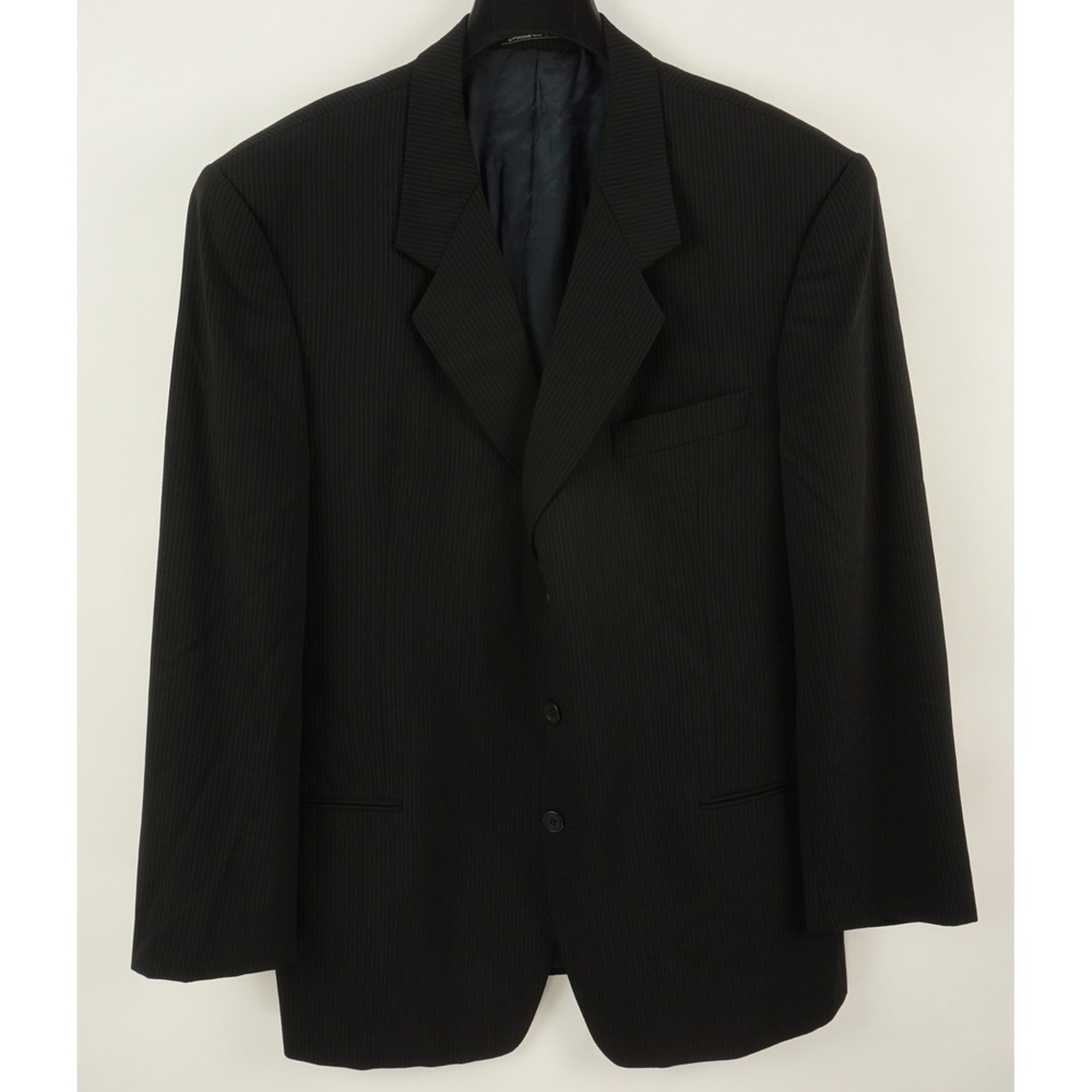 Vintage Giorgio Armani Mens 44L Black Blue Pinstripe Gabardine Wool 3 Btn Blazer